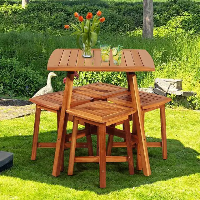 Alt view image 2 of 7 - SlickBlue 5 Pieces Wood Patio Dining Set with Square Table and 4 Stools