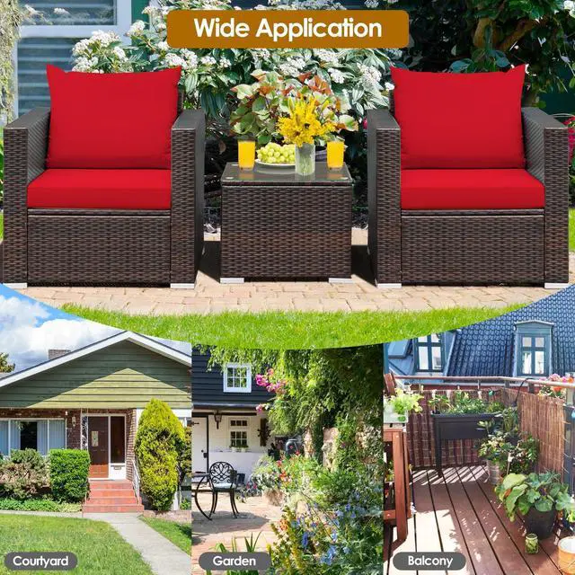 Alt view image 3 of 7 - SlickBlue 3 Pcs Patio Conversation Rattan Furniture Set with Cushion