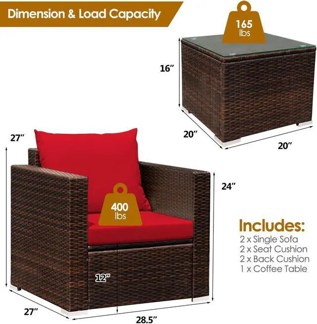 Alt view image 5 of 7 - SlickBlue 3 Pcs Patio Conversation Rattan Furniture Set with Cushion