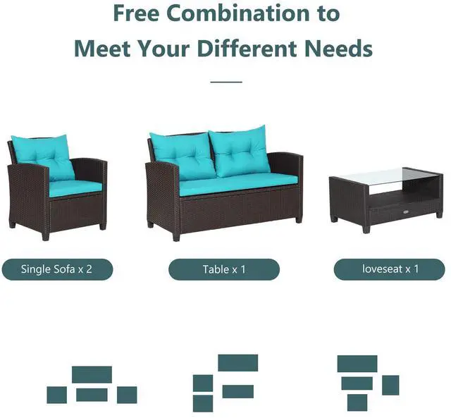 Alt view image 6 of 7 - SlickBlue 4 Pieces Patio Rattan Furniture Set with Tempered Glass Coffee Table