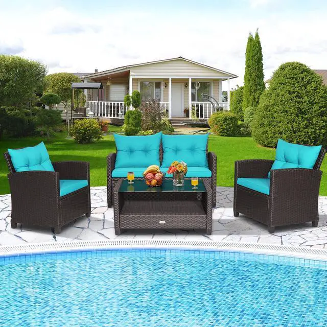 Alt view image 2 of 7 - SlickBlue 4 Pieces Patio Rattan Furniture Set with Tempered Glass Coffee Table
