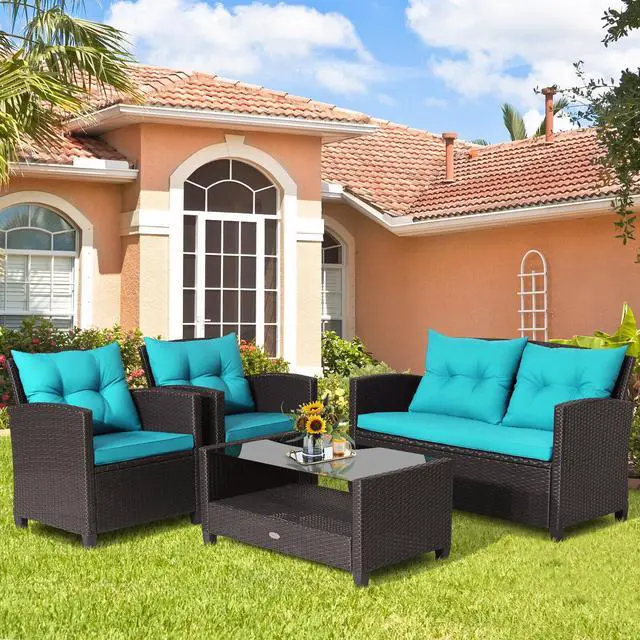 Alt view image 4 of 7 - SlickBlue 4 Pieces Patio Rattan Furniture Set with Tempered Glass Coffee Table