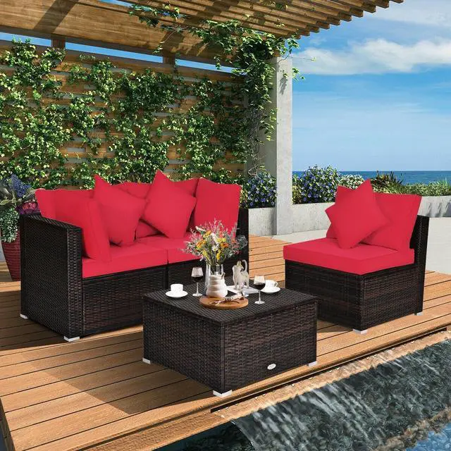 Alt view image 2 of 7 - SlickBlue 4 Pieces Ottoman Garden Patio Rattan Wicker Furniture Set with Cushion