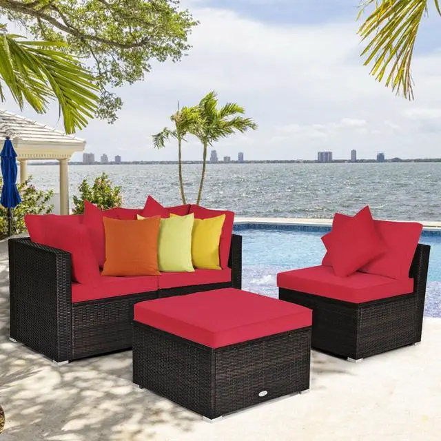 Alt view image 6 of 7 - SlickBlue 4 Pieces Ottoman Garden Patio Rattan Wicker Furniture Set with Cushion