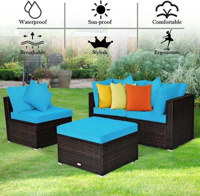 Alt view image 3 of 7 - SlickBlue 4 Pieces Ottoman Garden Patio Rattan Wicker Furniture Set with Cushion