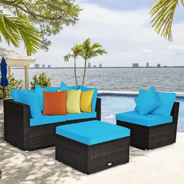 Alt view image 6 of 7 - SlickBlue 4 Pieces Ottoman Garden Patio Rattan Wicker Furniture Set with Cushion