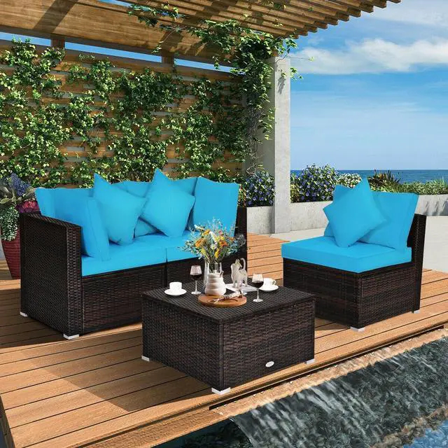Alt view image 2 of 7 - SlickBlue 4 Pieces Ottoman Garden Patio Rattan Wicker Furniture Set with Cushion