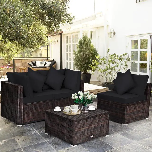 Alt view image 2 of 7 - SlickBlue 4 Pieces Ottoman Garden Patio Rattan Wicker Furniture Set with Cushion