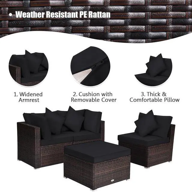 Alt view image 5 of 7 - SlickBlue 4 Pieces Ottoman Garden Patio Rattan Wicker Furniture Set with Cushion