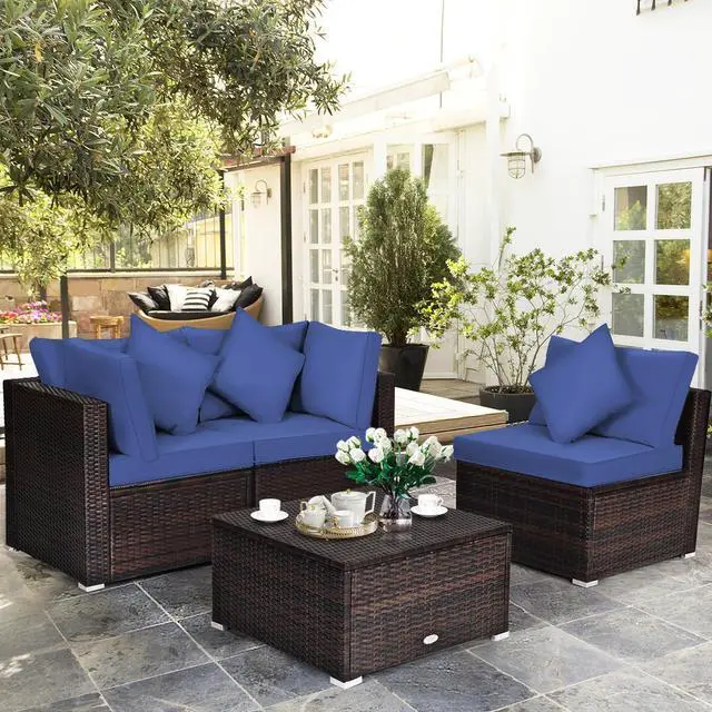 Alt view image 5 of 7 - SlickBlue 4 Pieces Ottoman Garden Patio Rattan Wicker Furniture Set with Cushion