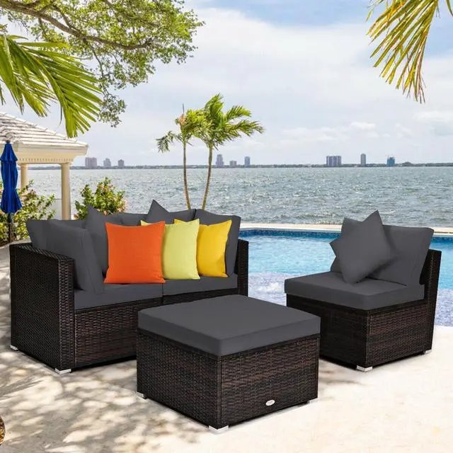 Alt view image 2 of 7 - SlickBlue 4 Pieces Ottoman Garden Patio Rattan Wicker Furniture Set with Cushion