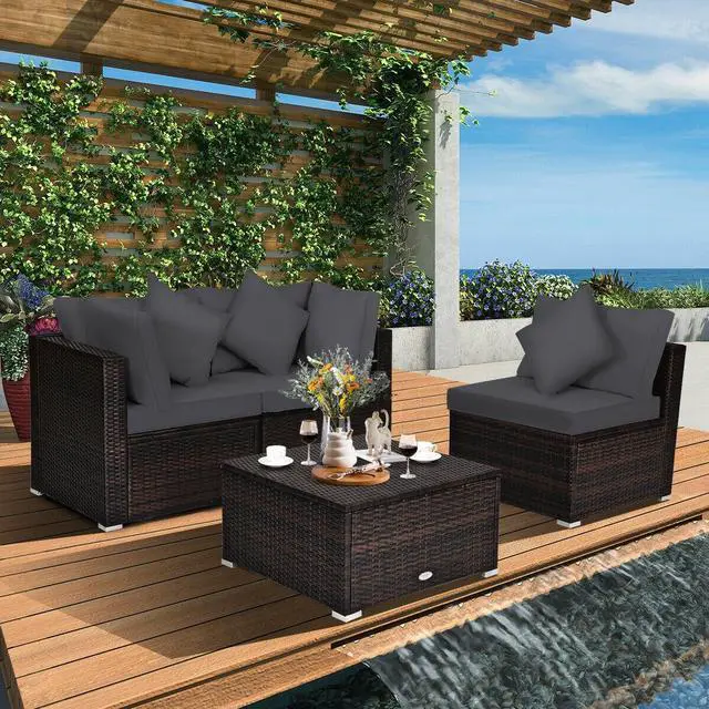 Alt view image 7 of 7 - SlickBlue 4 Pieces Ottoman Garden Patio Rattan Wicker Furniture Set with Cushion