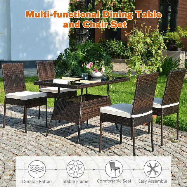 Alt view image 3 of 7 - SlickBlue 5 Pieces Rattan Dining Set Glass Table High Back Chair