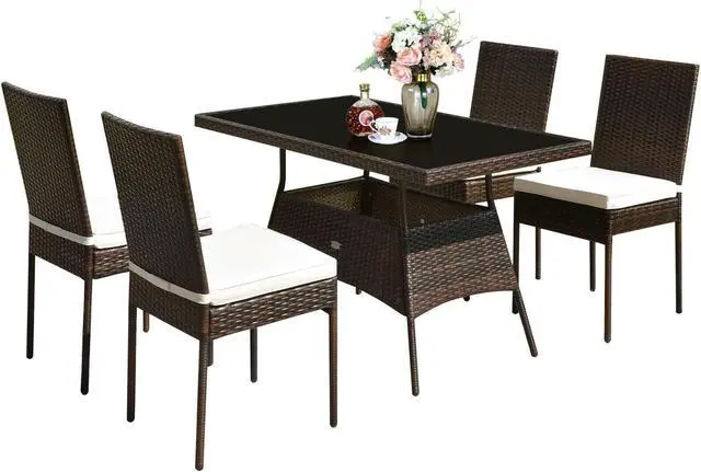 Alt view image 7 of 7 - SlickBlue 5 Pieces Rattan Dining Set Glass Table High Back Chair