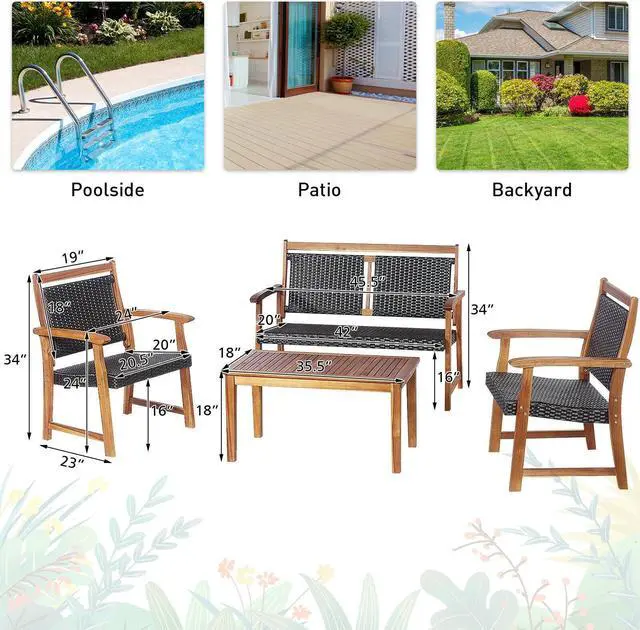Alt view image 5 of 7 - SlickBlue 4 Pieces Outdoor Patio Rattan Furniture Sofa Set with Acacia Wood Frame