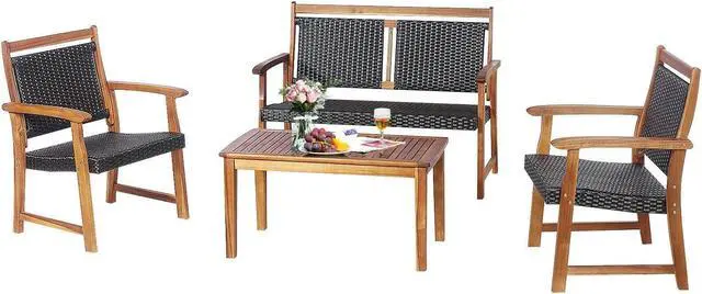 Alt view image 3 of 7 - SlickBlue 4 Pieces Outdoor Patio Rattan Furniture Sofa Set with Acacia Wood Frame