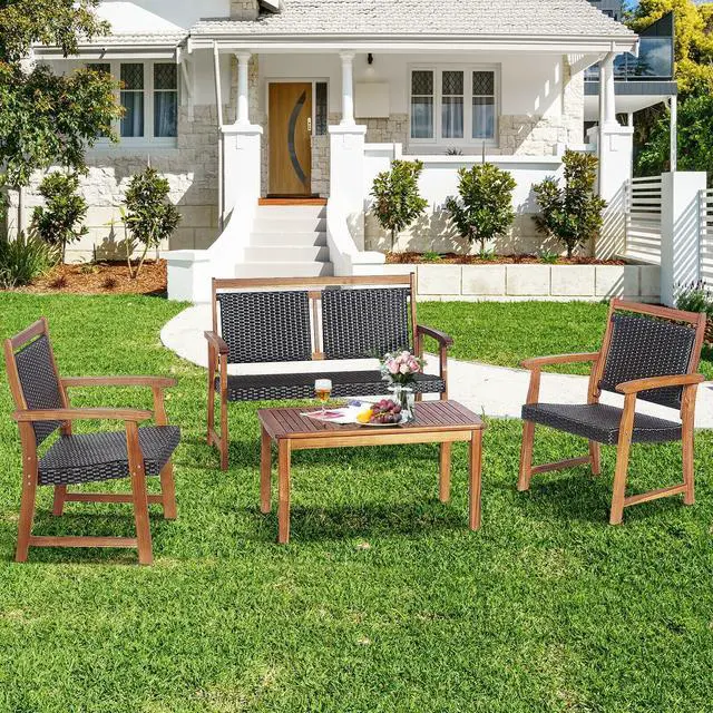 Alt view image 2 of 7 - SlickBlue 4 Pieces Outdoor Patio Rattan Furniture Sofa Set with Acacia Wood Frame