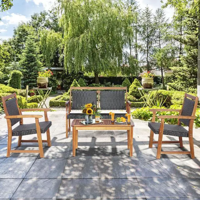 Alt view image 6 of 7 - SlickBlue 4 Pieces Outdoor Patio Rattan Furniture Sofa Set with Acacia Wood Frame