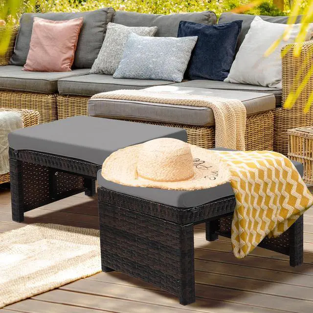 Alt view image 4 of 7 - SlickBlue 2 Pieces Patio Rattan Ottomans with Soft Cushion for Patio and Garden