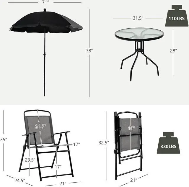 Alt view image 3 of 7 - SlickBlue 6 Pieces Patio Dining Set Folding Chairs Glass Table Tilt Umbrella for Garden