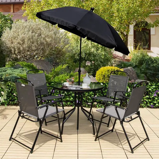 Alt view image 4 of 7 - SlickBlue 6 Pieces Patio Dining Set Folding Chairs Glass Table Tilt Umbrella for Garden