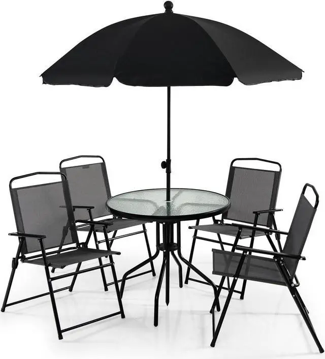 Main image of SlickBlue 6 Pieces Patio Dining Set Folding Chairs Glass Table Tilt Umbrella for Garden