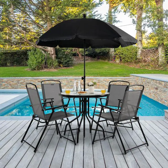 Alt view image 6 of 7 - SlickBlue 6 Pieces Patio Dining Set Folding Chairs Glass Table Tilt Umbrella for Garden