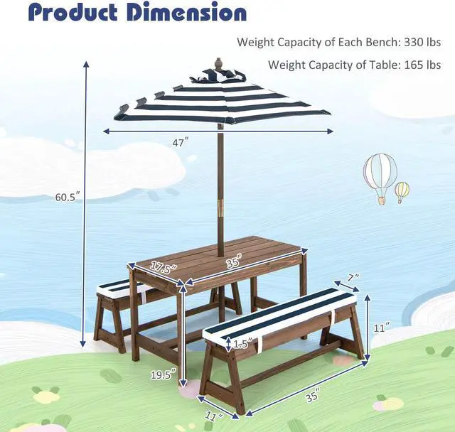 Alt view image 5 of 7 - SlickBlue Kids Picnic Table and Bench Set with Cushions and Height Adjustable Umbrella
