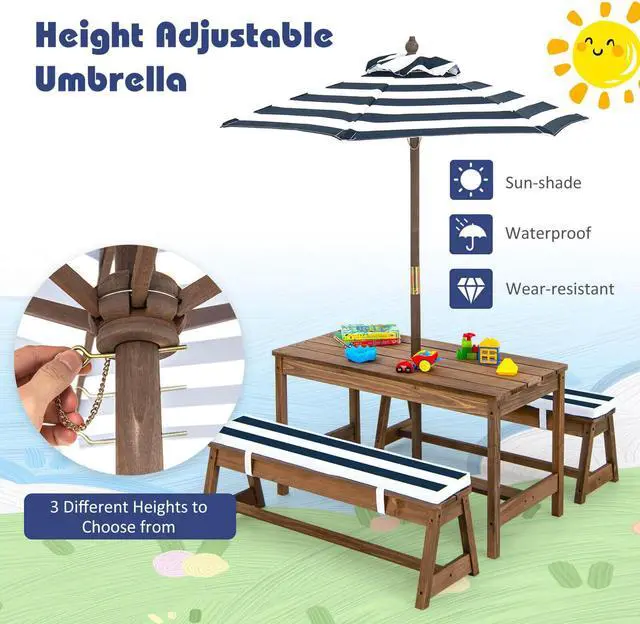 Alt view image 7 of 7 - SlickBlue Kids Picnic Table and Bench Set with Cushions and Height Adjustable Umbrella