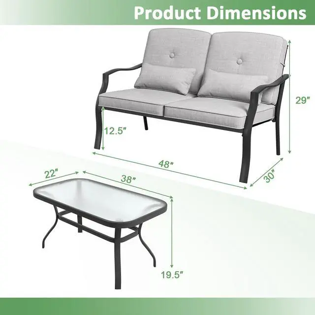 Alt view image 2 of 7 - SlickBlue Outdoor Loveseat Chair Set with Tempered Glass Coffee Table