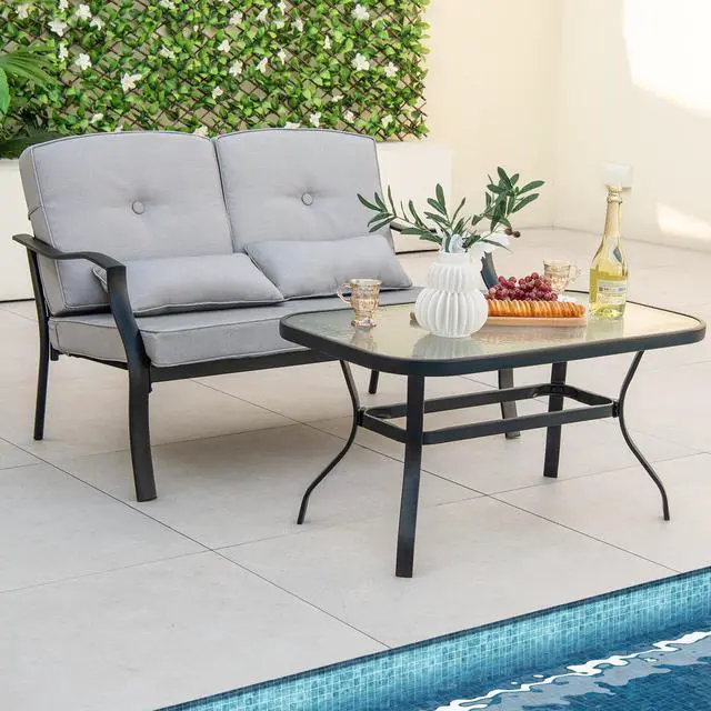 Alt view image 4 of 7 - SlickBlue Outdoor Loveseat Chair Set with Tempered Glass Coffee Table