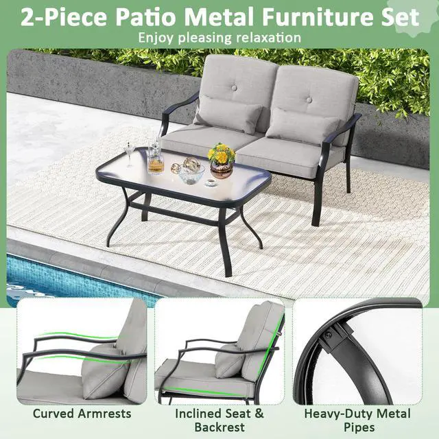 Alt view image 7 of 7 - SlickBlue Outdoor Loveseat Chair Set with Tempered Glass Coffee Table