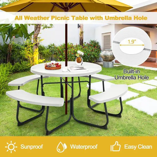 Alt view image 5 of 7 - SlickBlue 8-Person Outdoor Picnic Table and Bench Set with Umbrella Hole