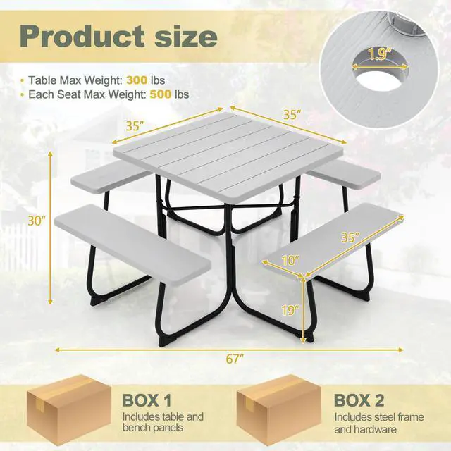 Alt view image 3 of 7 - SlickBlue Outdoor Picnic Table with 4 Benches and Umbrella Hole