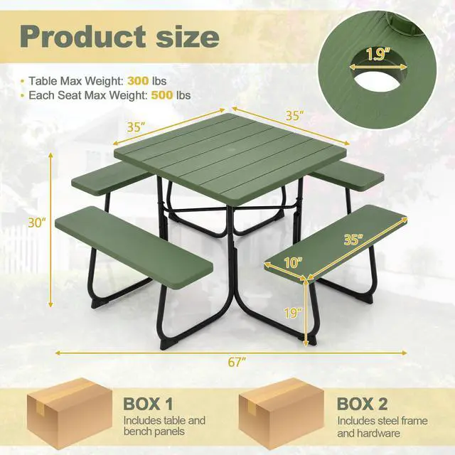 Alt view image 3 of 7 - SlickBlue Outdoor Picnic Table with 4 Benches and Umbrella Hole