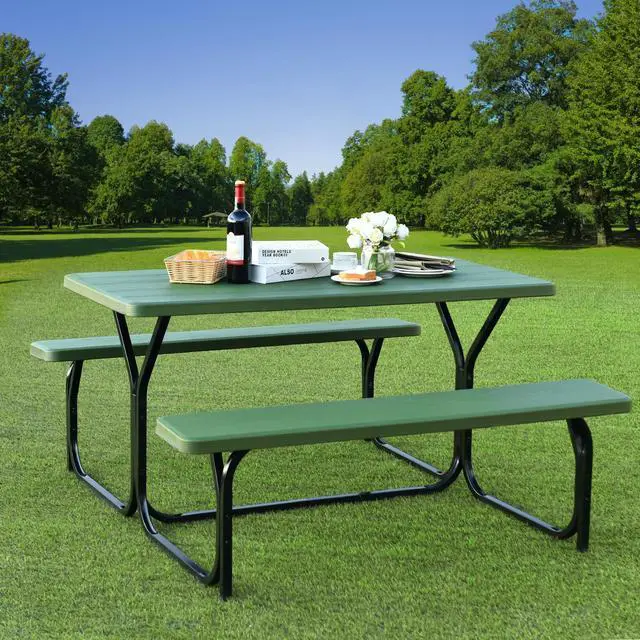 Alt view image 4 of 7 - SlickBlue HDPE Outdoor Picnic Table Bench Set with Metal Base