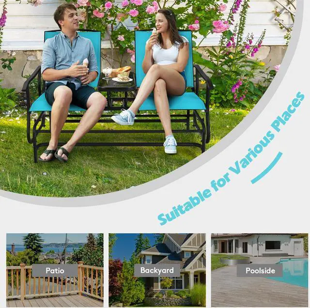 Alt view image 3 of 7 - SlickBlue 2-Person Double Rocking Loveseat with Mesh Fabric and Center Tempered Glass Table