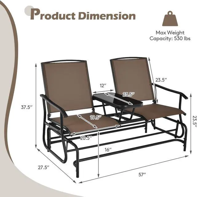 Alt view image 2 of 7 - SlickBlue 2-Person Double Rocking Loveseat with Mesh Fabric and Center Tempered Glass Table