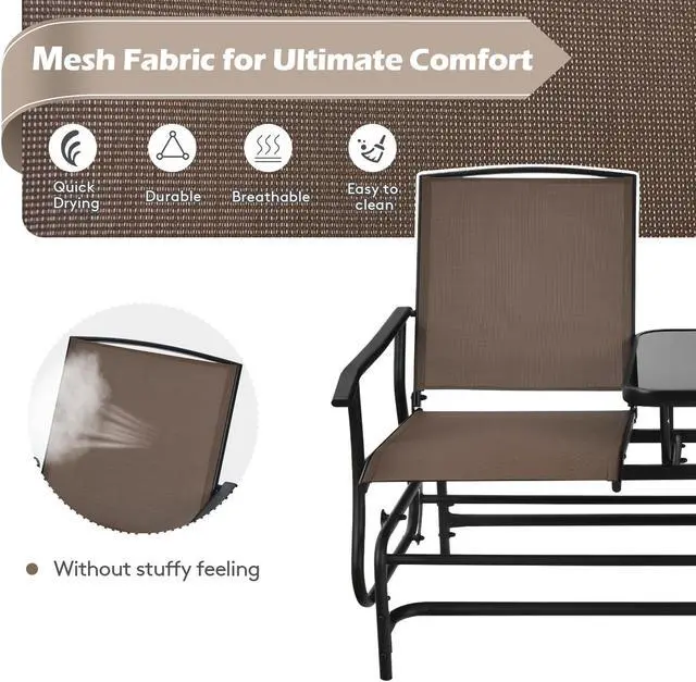 Alt view image 5 of 7 - SlickBlue 2-Person Double Rocking Loveseat with Mesh Fabric and Center Tempered Glass Table