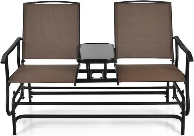 Alt view image 7 of 7 - SlickBlue 2-Person Double Rocking Loveseat with Mesh Fabric and Center Tempered Glass Table