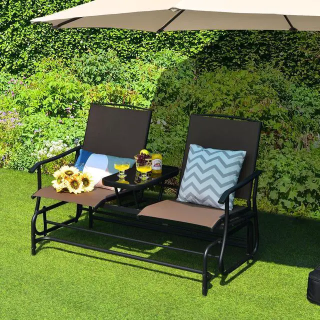 Alt view image 3 of 7 - SlickBlue 2-Person Double Rocking Loveseat with Mesh Fabric and Center Tempered Glass Table
