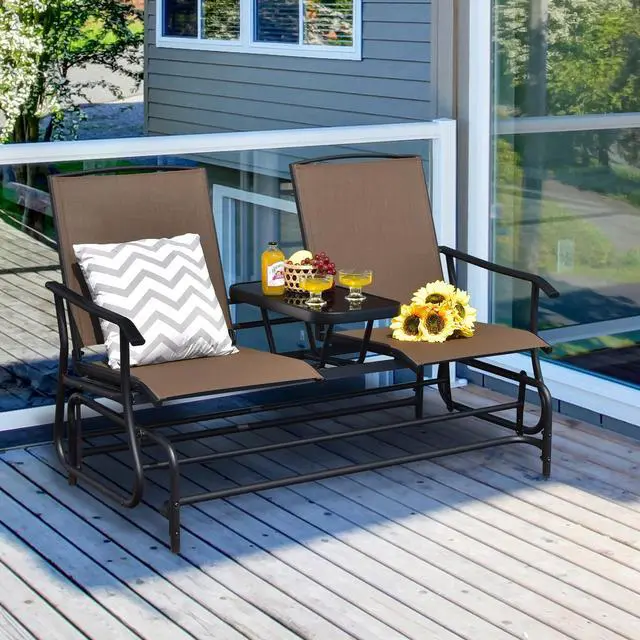 Alt view image 4 of 7 - SlickBlue 2-Person Double Rocking Loveseat with Mesh Fabric and Center Tempered Glass Table