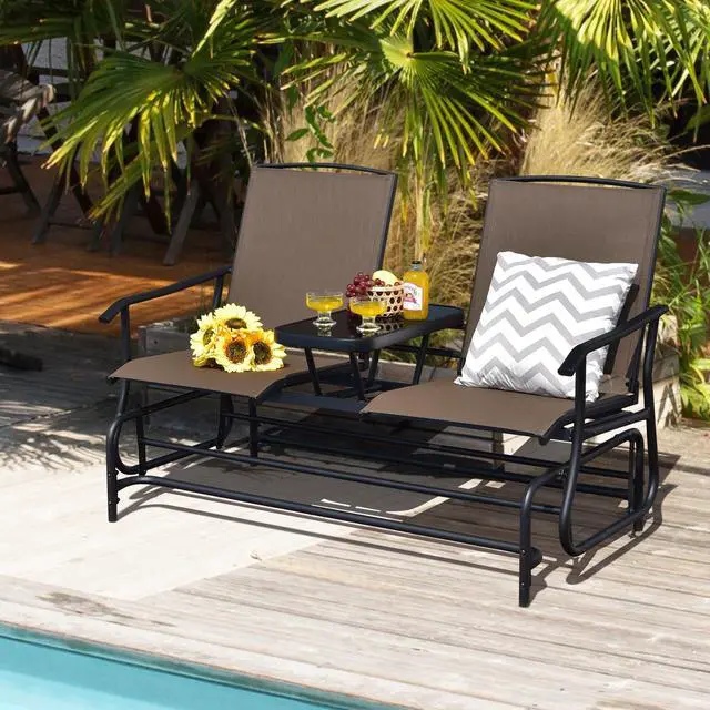 Alt view image 6 of 7 - SlickBlue 2-Person Double Rocking Loveseat with Mesh Fabric and Center Tempered Glass Table