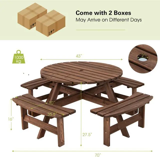 Alt view image 5 of 7 - SlickBlue Patio 8 Seat Wood Picnic Dining Seat Bench Set