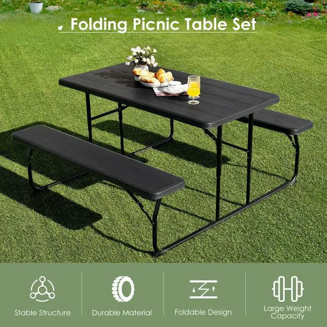Alt view image 7 of 7 - SlickBlue Indoor and Outdoor Folding Picnic Table Bench Set with Wood-like Texture