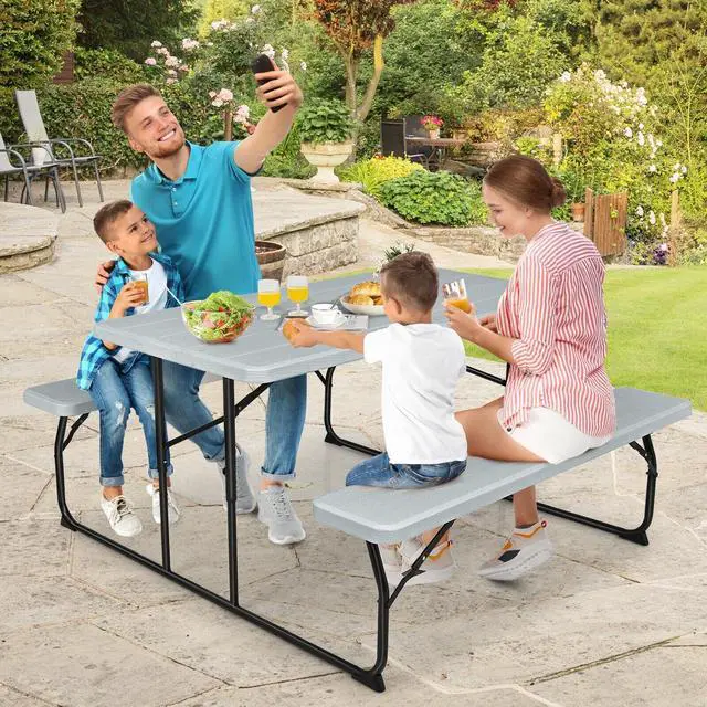 Alt view image 6 of 7 - SlickBlue Indoor and Outdoor Folding Picnic Table Bench Set with Wood-like Texture