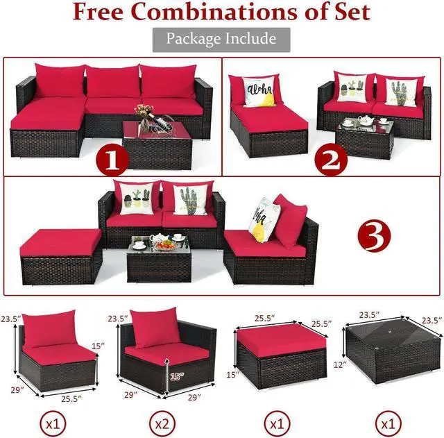 Alt view image 5 of 7 - SlickBlue 5 Pieces Patio Rattan Sectional Furniture Set with Cushions and Coffee Table