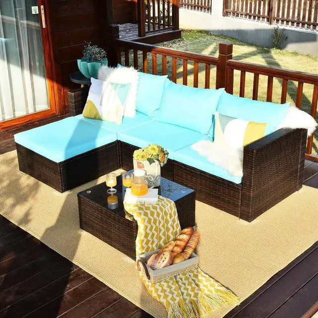 Alt view image 7 of 7 - SlickBlue 5 Pieces Patio Rattan Sectional Furniture Set with Cushions and Coffee Table
