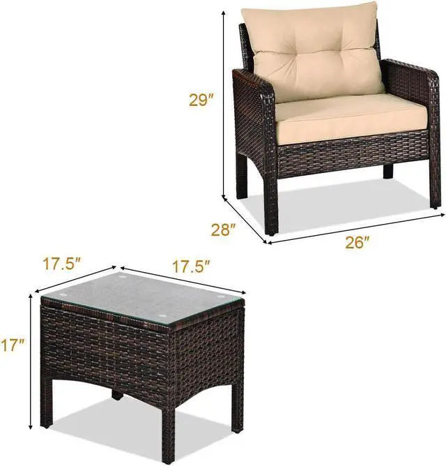 Alt view image 3 of 7 - SlickBlue 3 Pieces Outdoor Patio Rattan Conversation Set with Seat Cushions