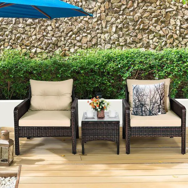 Alt view image 2 of 7 - SlickBlue 3 Pieces Outdoor Patio Rattan Conversation Set with Seat Cushions